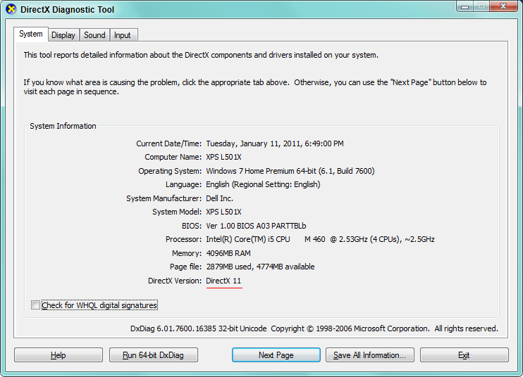 Figure 3. DirectX Diagnostic Tool (Windows 10/8/7/Vista) 