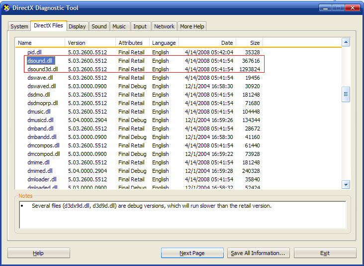 Figure 2.  DirectX Diagnostic Tool - Files tab
