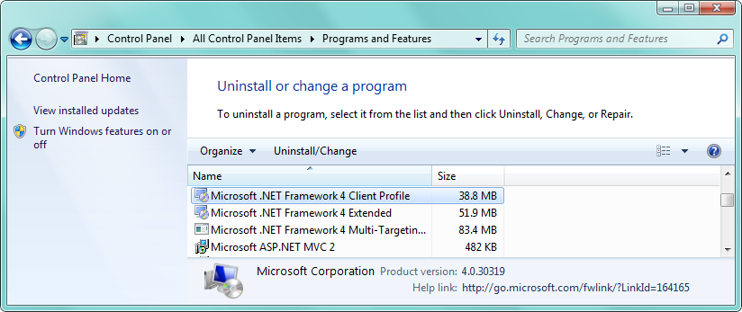 Figure 3. Programs and Features dialog   