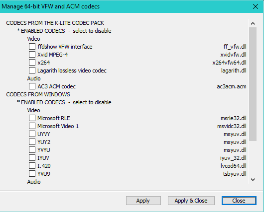 Figure 1. Codec and Filter Management > ACM/VFW codecs